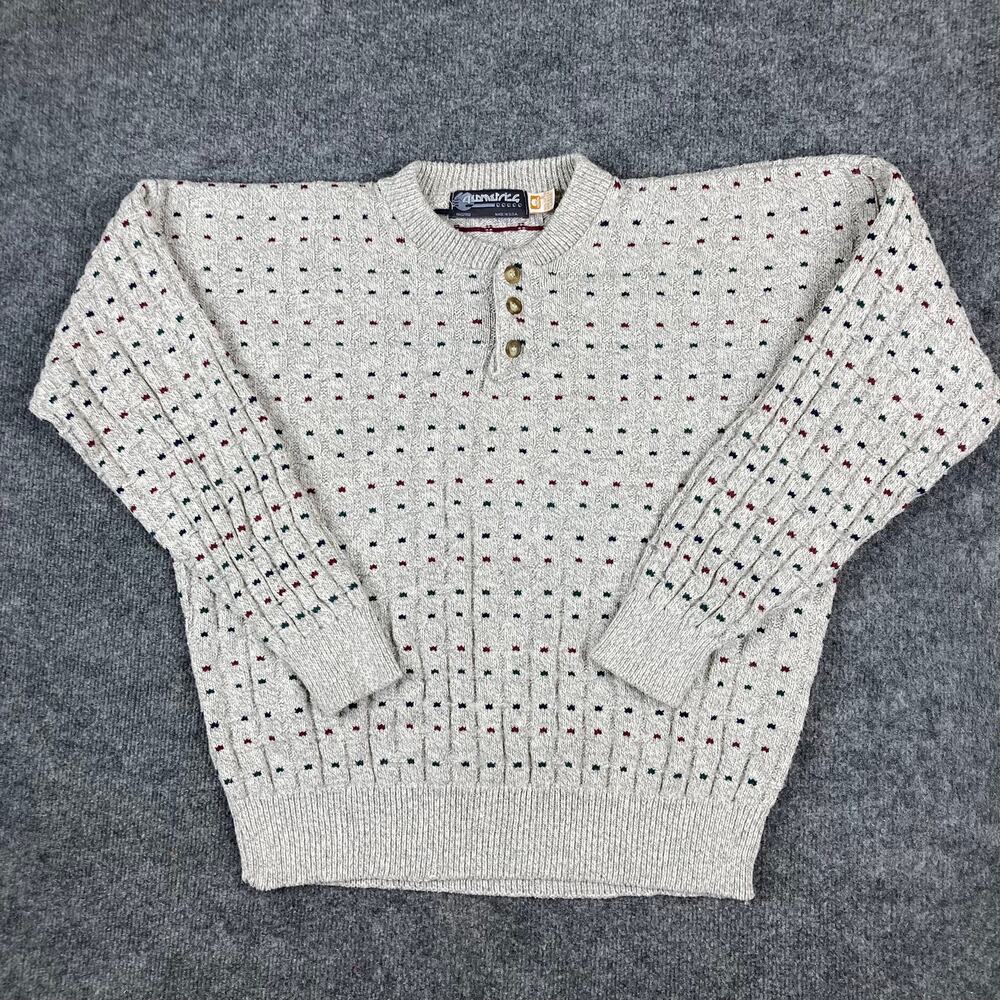 4Matic Sweater Mens L Gray Speckled Henley Knit Vintage USA Cotton Blend